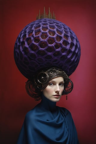 A The final scene presents a head encased in a spherical structure bristling with mechanical details. Wires or tubes extend from the head to the surrounding space, which resembles the interior of a grand yet desolate architectural space, possibly an abandoned futuristic temple or assembly. The image is a paradoxical mix of high couture in serene grace and dystopian complexity, inspired by Escher's paradoxical art and Gric's hyperrealistic style (gric style:1.15). The attire, flowing with Escher-inspired fabrics, shifts between soothing azure and ominous dark purples, accented with deep tones of red. This scene unfolds in a mystical garden that merges enchanting twilight hues with an eerie, moonlit forest ambiance. The model, positioned at the heart of this juxtaposition, wears an outfit that captures the ethereal beauty of serene dreams while echoing the sinuous lines of a nightmarish landscape. The surrounding foliage is lush yet ghostly, alive with a mix of tranquil and unsettling energies. The lighting, a blend of soft, ambient twilight and subtle, uncanny glows, casts the face in a light that is both tranquil and haunting. The expression captures a profound contemplation, an otherworldly elegance touched by a sense of dark, macabre beauty. This portrait, embodying both peaceful serenity and dark allure, plays with perspective and fluidity, contrasting the structured complexity of fashion with the effortless, albeit eerie, grace of nature. The color palette, rich in dark purples and varying shades of red, adds depth and intensity to this hyperrealistic
PORTRAIT PHOTO,stalker, very specific pose ,Gric, Aligned eyes,  Iridescent Eyes,  (blush,  eye_wrinkles:0.6),  (((textured skin))), (goosebumps:0.5),  subsurface scattering,  ((skin pores)),  (detailed skin texture),  (( textured skin)),  realistic dull (skin noise),  visible skin detail,  skin fuzz,  dry skin,  hyperdetailed face,  sharp picture,  sharp detailed,  (((analog grainy photo vintage))),  Rembrandt lighting,  ultra focus,  illuminated face,  detailed face,  8k resolution,