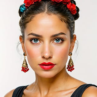 ((wide shot)), ((long shot)), frontal full-body shot of a Mexican flamenco dancer, 29 years old, exuding a fiery passion and grace, with a sharp, intense face, highlighted in the (left side of the frame). , white background, 27 years old, hair bun, big round blue eyes, long black hair color, blonde, round face, very thin lips, great body, nice legs, black shoes
,PORTRAIT PHOTO

Aligned eyes, Iridescent Eyes, (blush, eye_wrinkles:0.6), (goosebumps:0.5), subsurface scattering, ((skin pores)), detailed skin texture, textured skin, realistic dull skin noise, visible skin detail, skin fuzz, dry skin, hyperdetailed face, sharp picture, sharp detailed, analog grainy photo vintage, Rembrandt lighting, ultra focus, illuminated face, detailed face, 8k resolution