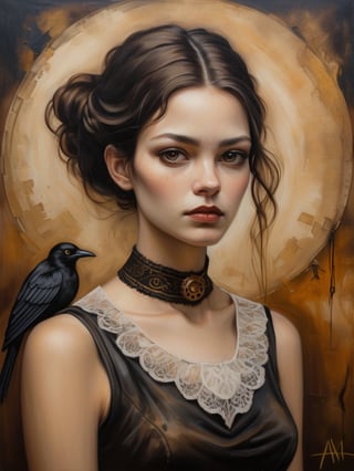 image is an ((oil painting on canvas)) depicting a portrait of a young woman with a (neutral expression). She has (dark hair) adorned with what appears to be a (black bird) with its wings spread. Her skin is pale, highlighted with touches of gold and brown, which match the (golden-brown textured background) that has an abstract quality. The woman's eyes are large and soulful, gazing directly at the viewer. She is wearing a (black top) with a (lace collar). The painting has a rustic yet elegant feel, with expressive brushstrokes and visible canvas texture that add to the artistry of the work. steampunk, gothic portrait, painted in the style of esao andrews