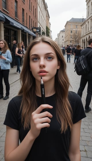 score_9, score_8_up, score_7_up, score_6_up, 
BREAK , 
source_real, raw, photo, realistic,  
BREAK, 
a young woman with long, dark hair and a fair complexion. She is wearing a black top with a low neckline. Her lips are slightly parted, and she is holding a black pen with her mouth while using another pen to write or draw on a surface that is out of the frame. In the background, there are people holding up phones, seemingly taking pictures or recording videos of her. The atmosphere suggests a public event or a fan meeting.