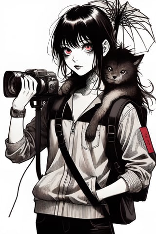 horror manga,a drawing of a girl with an umbrella and a backpack on her shoulder, holding a camera and a book, Aya Goda, neoplasticism, manga, a manga drawing