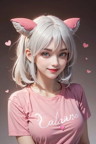 ,  8k, ((medium breasts)), 1girl, solo, looking at viewer, smile, brown eyes, white hair, horns, 8k,(( pink t-shirt )), pink t-shirt, (masterpiece,best quality:1.5), (masterpiece,best quality:1.5), pink t-shirt, heart bubbles, valentine day