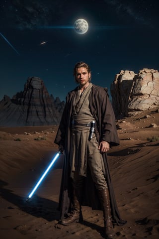 A handsome young jedi, black eyes, tied up hairstyle, thin beard, wearing in jedioutfit, standing with action stance at the spooky planet desert, holding light_saber, artistic sky at background, into the dark, deep shadow, cinematic, masterpiece, best quality, high resolution ,in jedioutfit