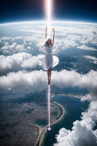 A beautiful girl in long white hair levitating in t-pose above the city, cape, hovering, zero gravity, stormy cloud, windy, masterpiece, top quality, best quality