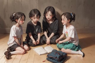 Children gathered around an older sister listening to a story, A group of kids sitting on the floor listening to an older sister tell a story,happy happy friends