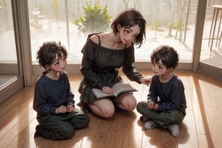 Children gathered around an older sister listening to a story, A group of kids sitting on the floor listening to an older sister tell a story, Smile,short hair