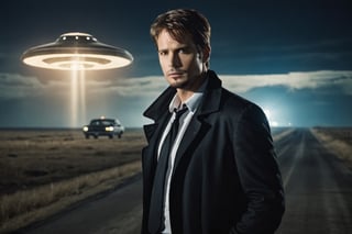 A handsome male detective, scene from detective movie, x files, conspiracy theory, alien ship in the sky, ufo --style raw ,kyle_hyde