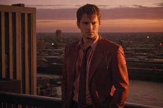 A handsome male detective, enveloped in Sunset Drama and a Crimson Wash, exuding Turbulent Serenity, directed towards a Vanishing Point, collared shirt, wet body, romantic, scene from detective movie, city lights in background --style raw ,kyle_hyde