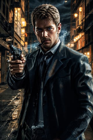 digital painting of a man, shot on Canon 5D Mark II, portrait of a detective in city street full on neon signboards, ((black business suit)), (white shirt), ((black necktie)), (black hair), smoke from mouth, (with a cigarette in mouth), pants, angry, Holding a pistol in hand, fedora hats, brown hair, brown eyes,
BREAK 
((blue neon lights)), add lightsource to front, (mouth open:0.5), Leaning lazily against the wall, cinematic, best quality, 8K, masterpiece, intricate details, dynamic pose, dynamic angle, ((surrealism)), ((romanticism)), ((oil painting \(medium\):1.2)), (illustration), huge-muscles, (large pectorals), sharp focus, soft lighting, vibrant colors, cinematic photography, volumetric lighting, film grain, hard shadows,xuer pistol,kyle_hyde