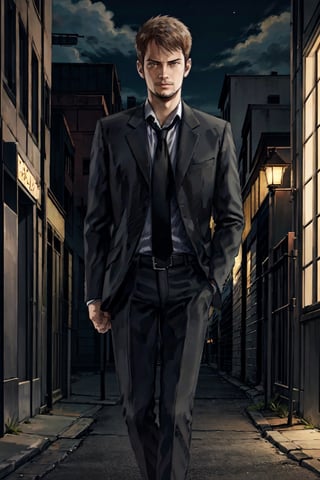 kyle_hyde, image of Kyle Hyde walking in a dark alley during the night, night sky, noir, detective, formal attire, white shirt, black tie, brown hair, 1man, jacket, white shirt, full body, male focus, necktie, collared shirt, formal, suit, black necktie, Handsome man, hands in pocket, good quality, simple background,photorealistic