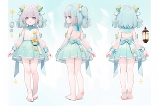 full body, masterpiece, best quality, character sheet, solo, multiple view, blank_background, bare feet, bare legs, flat_chested, solo, pink pillow, light_blue, yellow,chara-sheet, 