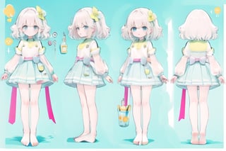 full body, masterpiece, best quality, character sheet, solo, multiple view, blank_background, bare feet, bare legs, flat_chested, solo, pink pillow, light_blue, yellow,chara-sheet, 