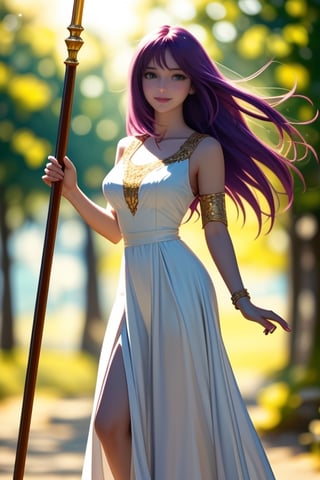 (full body),masterpiece, 1 girl,solo,very bright backlighting,{beautiful and detailed eyes},dazzling sunlight,calm expression,natural and soft light,purple hair, hair blown by the breeze,delicate facial features,eye smile,lips smile,one_breast_out, film grain,realhands, (wearing white dress with golden intricate details), (staff), (holding staff), shot in fantasic sunlight public park,(cowboy shot:1.2),Saori,<lora:659111690174031528:1.0>