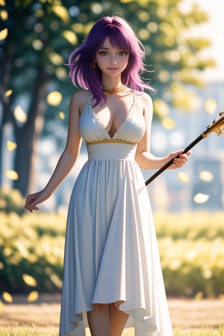 (full body),masterpiece, 1 girl,solo,very bright backlighting,{beautiful and detailed eyes},dazzling sunlight,calm expression,natural and soft light,purple hair, hair blown by the breeze,delicate facial features,eye smile,lips smile,one_breast_out, film grain,realhands, (wearing white dress with golden intricate details), (staff), (holding staff), shot in fantasic sunlight public park,(cowboy shot:1.2),Saori,one breast out,<lora:659111690174031528:1.0>