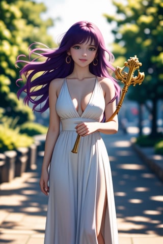 (full body),masterpiece, 1 girl,solo,very bright backlighting,{beautiful and detailed eyes},dazzling sunlight,calm expression,natural and soft light,purple hair, hair blown by the breeze,delicate facial features,eye smile,lips smile,one_breast_out, film grain,realhands, (wearing white dress with golden intricate details), (staff), (holding staff), shot in fantasic sunlight public park,(cowboy shot:1.2),Saori,one breast out,<lora:659111690174031528:1.0>