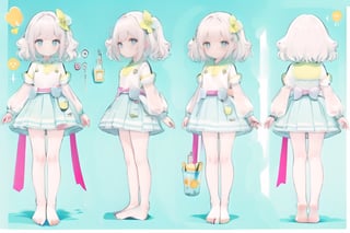 full body, masterpiece, best quality, character sheet, solo, multiple view, blank_background, bare feet, bare legs, flat_chested, solo, pink pillow, light_blue, yellow,chara-sheet, 