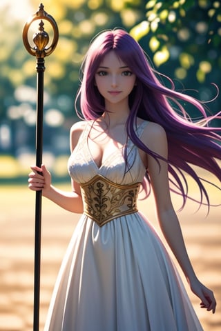 (full body),masterpiece, 1 girl,solo,very bright backlighting,{beautiful and detailed eyes},dazzling sunlight,calm expression,natural and soft light,purple hair, hair blown by the breeze,delicate facial features,eye smile,lips smile,one_breast_out, film grain,realhands, (wearing white dress with golden intricate details), (staff), (holding staff), shot in fantasic sunlight public park,(cowboy shot:1.2),Saori,<lora:659111690174031528:1.0>