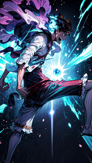 "Gear Fifth Revelation," Luffy's metamorphosis unfolds in an otherworldly domain. Craft with evocative metaphors and dynamic verbs.

Environment: Ethereal Nexus, Luffy emerges within a kaleidoscopic dimension. Shifting hues and surreal landscapes surround him, a mesmerizing fusion of dreams and reality.

Mood: Awe-Struck Wonder, The air crackles with celestial energy, Luffy's transformation elicits gasps of disbelief and admiration.

Atmosphere: Surreal Harmony, Reality and fantasy converge, creating a surreal atmosphere where the extraordinary becomes the norm.

Lighting: Luminous Spectra, Multidimensional beams intertwine, casting Luffy in a radiant glow. The colors dance, enhancing the ethereal spectacle.