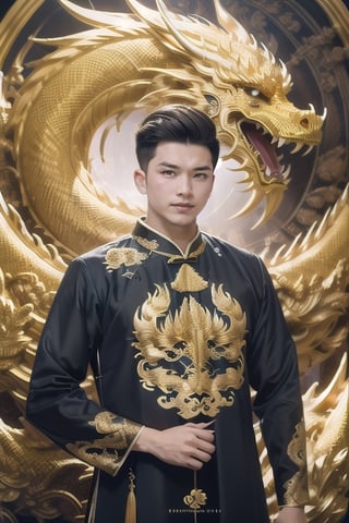 masterpiece, best quality, dragon_aodai_nam photo, photorealistic, aodai_nam, 1boy, man, upper body, ao dai, aodai, yellow aodai, chinese dragon, eastern dragon, yellow dragon, yellow theme, moutain background, volumetric lighting, ultra-high quality,dragon_aodai_nam,VikingAlpha