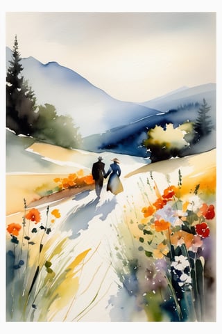 Design a Stark watercolor painting with contrasting light and shadow, revealing the simple beauty of wild flowers, and the couple's journey reflecting the tranquility and nobility of the natural world. The couple's form depicts precise, nuanced representation, and their journey evokes humility and reverence for the realist tradition.