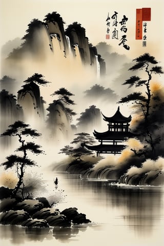 Design a Chinese ink painting with stark contrasts of light and shadow, revealing the simple beauty of wild flowers, and the couple's journey embodying the tranquility and nobility of the natural world. The couple's form depicts precise, nuanced representation, and their journey evokes humility and reverence for the realist tradition.