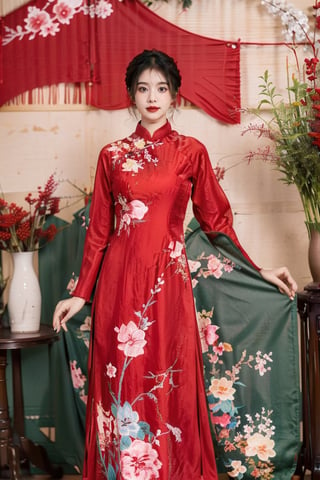 1girl, solo,  black hair, , indoors, chair, floral print, table, plant, hand fan, red aodai,aodaicuoi,perfect