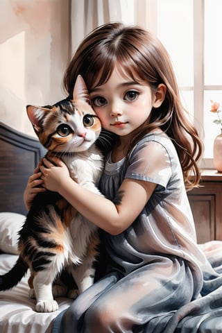 Transparent watercolor painting, minimalist art, the background is a room, a cute 5-year-old girl with big eyes is hugging a cat and kissing on the bed, warm atmosphere, high quality