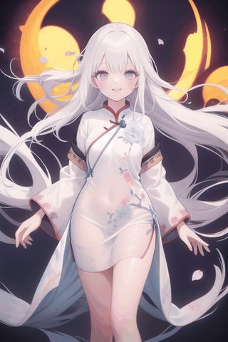 masterpiece, best quality, highres, 1girl, adult girl, white hair, dark eyes, purple eyes, white blue patterned cheongsam, white skin, smile, floating hair, flowing clothes, mist, night, many floating petal,outfit-km,nightgown,Wearing edgTemptation