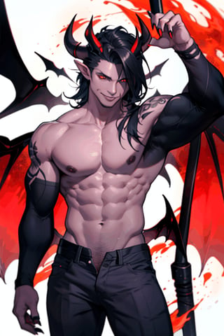 solo, looking at viewer, smile, simple background, black hair, 1boy, white background, navel, jewelry, nipples, yellow eyes, weapon, male focus, cowboy shot, wings, horns, pointy ears, pants, fingernails, tattoo, muscular, colored skin, black pants, piercing, abs, pectorals, muscular male, demon horns, gem, claws, colored sclera, long fingernails, demon wings, topless male, sharp fingernails, nipple piercing, demon boy