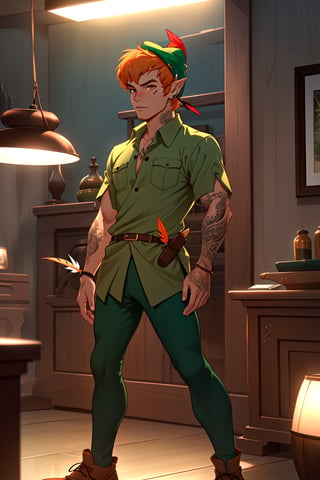 1boy, Open clothes, tattoo, piercing, ,masterpiece, Beauty, volumetric lights, depth effect,peter pan, short hair, orange hair, green pants, green collared shirt, short sleeves, belt, brown footwear, hat feather, male focus, pointy ears