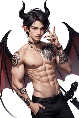 solo, looking at viewer, smile, simple background, black hair, 1boy, white background, navel, jewelry, nipples, yellow eyes, weapon, male focus, cowboy shot, wings, horns, pointy ears, pants, fingernails, tattoo, muscular, colored skin, black pants, piercing, abs, pectorals, muscular male, demon horns, gem, claws, colored sclera, long fingernails, demon wings, topless male, sharp fingernails, nipple piercing, demon boy