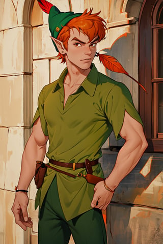 1boy, masterpiece, Beauty,peter pan, short hair, orange hair, green pants, green collared shirt, short sleeves, belt, brown footwear, hat feather, male focus, pointy ears, looking_at_viewer