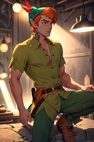 1boy, Open clothes, tattoo, piercing, ,masterpiece, Beauty, volumetric lights, depth effect,peter pan, short hair, orange hair, green pants, green collared shirt, short sleeves, belt, brown footwear, hat feather, male focus, pointy ears