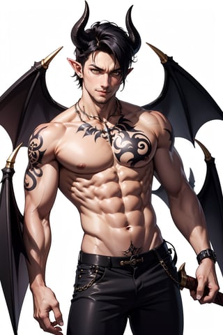 solo, looking at viewer, smile, simple background, black hair, 1boy, white background, navel, jewelry, nipples, yellow eyes, weapon, male focus, cowboy shot, wings, horns, pointy ears, pants, fingernails, tattoo, muscular, colored skin, black pants, piercing, abs, pectorals, muscular male, demon horns, gem, claws, colored sclera, long fingernails, demon wings, topless male, sharp fingernails, nipple piercing, demon boy