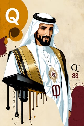 (An amazing and captivating abstract illustration:1.4), 
1man, traditional Arabian gulf head of state ,
A portrait of an Arabian sheikh in white traditional dress,
(grunge style:1.2), 
(frutiger style:1.4), 
(colorful and minimalistic:1.3), 
(2004 aesthetics:1.2),
(beautiful vector shapes:1.3), 
with ((the text "Q8":1.1)), 
text block. 
BREAK 
{{Petroleum rig}} , x \(symbol\), {oil barrels} \(symbol\), oil pump \(symbol\), gradient background, sharp details, oversaturated. 
BREAK 
highest quality, 
detailed and intricate, original artwork, trendy, 
mixed media, 
vector art, vintage, 
award-winning, artint, SFW,