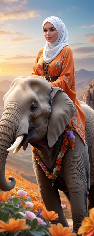 create a artistic artwork portraying of  a beautiful (arab bedouin) naked woman , wearing hijab , Christmas hat over hijab  , climbing a elephant, she has flowy orange-fading-into-white hair with colorful flowers cascading out of it,  colorful rendition,  ultradetailed face, 8k UHD, professional results ,arcane,ColorART,  sharp focus on face, , sharp focus on elephant, wide-angle sky view with wispy clouds ,EpicSky,  golden hour, close-up, mountain  views, 