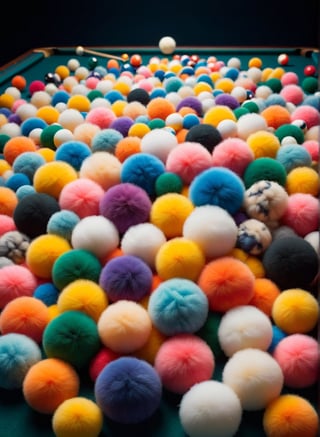 
Colorful, close up angle of ((Different Fluff billiard balls, at a distance, floating on air)), detailed focus, deep bokeh, beautiful, dreamy colors, dark cosmic background, Visually delightful,ral-flufblz