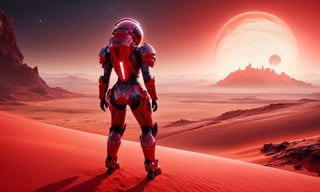 Landscape,1 robot girl, glowing red armor, alien planet background, sand world, dark, epic, cinematic, 128k uhd, raw photo, award winning masterpiece, artstation trend, intricate details, official art, wallpaper art, GLOWING