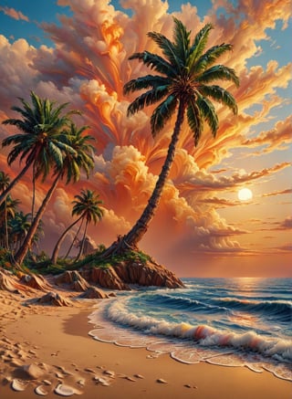 sea bay, beach, palm tree, sunset, orange sky, cloud, magic portal, (masterpiece), (detailed acrylic illustration), (expressionless), (best quality:1.2), High quality texture, intricate details, detailed texture, High quality shadow, Depth of field, light source contrast, perspective,20s,,cinematic_warm_color,covered with ais-acrylicz,ais-acrylicz