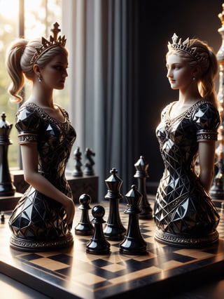 Realism, digital photo, (Chess Queen and King) play chess, made of Obsidian_Diamond, at Townhouse, dramatic light, bokeh,cinematic_warm_color, add_more_creative,Obsidian_Diamond,ral-pnrse