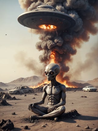 (Sad alien in smokes, sitting on a ground,) In the distance (An ufo_ship crashed to the ground, debris burning in the smoke), desert,,cinematic_warm_color, add_more_creative,