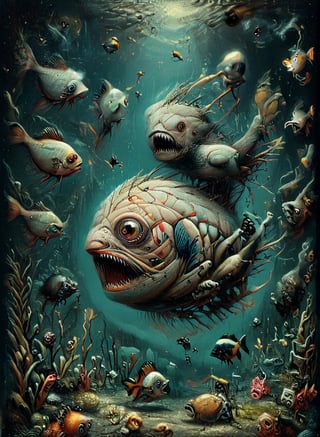 cute drawing of a Piranha Fishes, under dark water, guided by a large humanoid fish, swim chaotically in search of food, slender body, thin body,