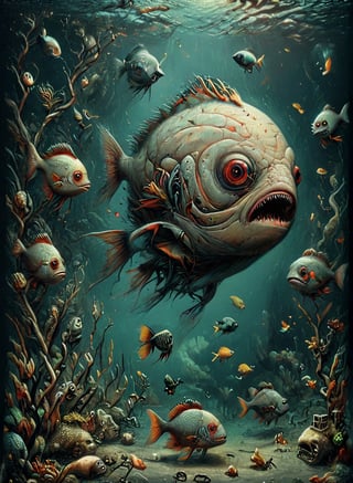 cute drawing of a Piranha Fishes, under dark water, guided by a large humanoid fish, swim chaotically in search of food, slender body, thin body,