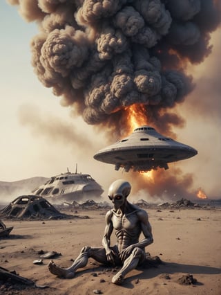 (Sad alien in smokes, sitting on a ground,) In the distance (An ufo_ship crashed to the ground, debris burning in the smoke), desert,,cinematic_warm_color, add_more_creative,