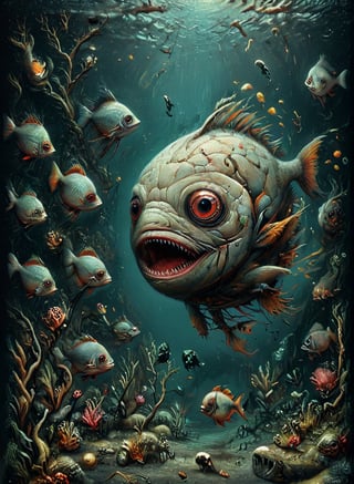 cute drawing of a Piranha Fishes, under dark water, swim chaotically in search of food, slender body, thin body,