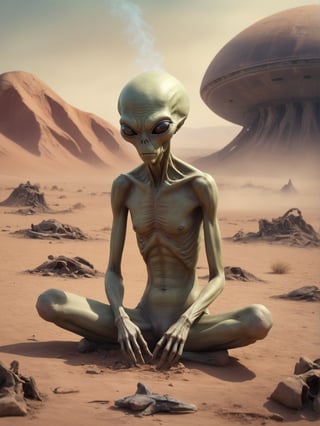 Sad alien smokes, sitting on a ground, An alien ship crashed into the ground, desert, (fire:0.2),
(oil painting:0.1),
,cinematic_warm_color, add_more_creative,alien_woman