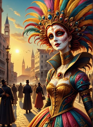 Wide viewing angle, Wide field of view, Carnival in Venice, (masterpiece), (detailed illustration), (best quality:1.2), High quality texture, intricate details, detailed texture, High quality shadow, light source contrast, perspective,,cinematic_warm_color,