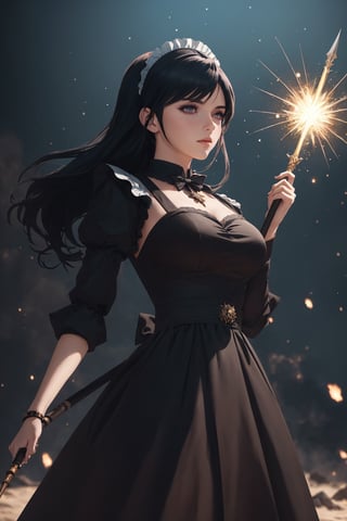 (Masterpiece,Best Quality), A realistic anime girl in a maid dress with coal-colored hair, striking a battle pose with a spear, inviting viewers to look closely at the high-resolution illustration, Fantasy, magical vibes, sci-fi mood, sparks, DoF, bokeh, sharp focus