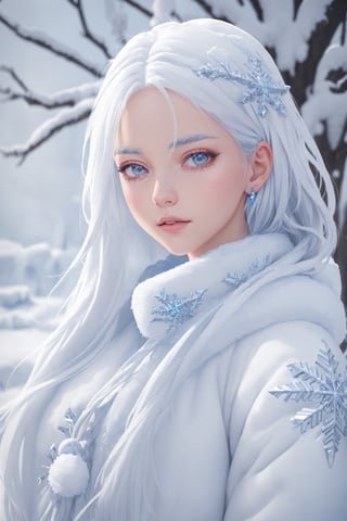 Illustrate a girl with the power of ice, featuring ice-white hair and clothing, set in a snowy landscape. Emphasize (((intricate details))), (((highest quality))), (((extreme detail quality))), and a (((captivating winter composition))). Use a palette of cool blues and whites, drawing inspiration from artists like Artgerm, Sakimichan, and Stanley Lau,midjourney