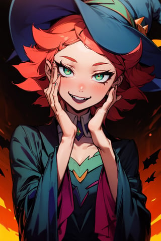 Amanda O'neill (Little Witch Academia), face, eyes,  green eyes, two-colors hair, orange and light red hair, looking at viewer, smiling, fix hands, Cartoon, outside the party, 20 year old, haloween, Wear a witch's shirt, wear black lipstick, (perfectly explained hands, better hands:1.1),IncrsNikkeProfile,girl,Anime gotico 